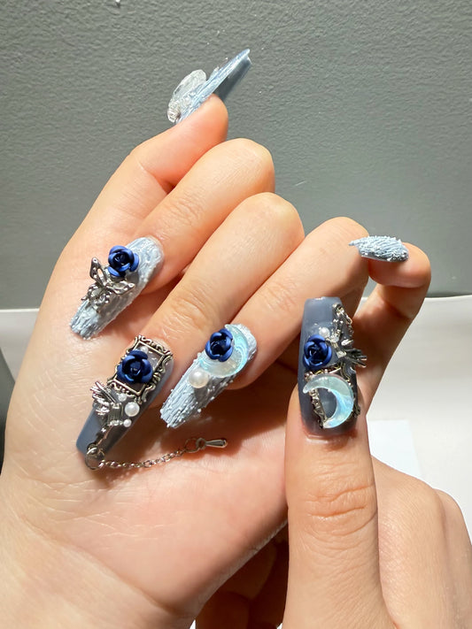 Blue Moon Luxury 3D Press-On Nails | Handmade Gothic Royal Charm Nail Set