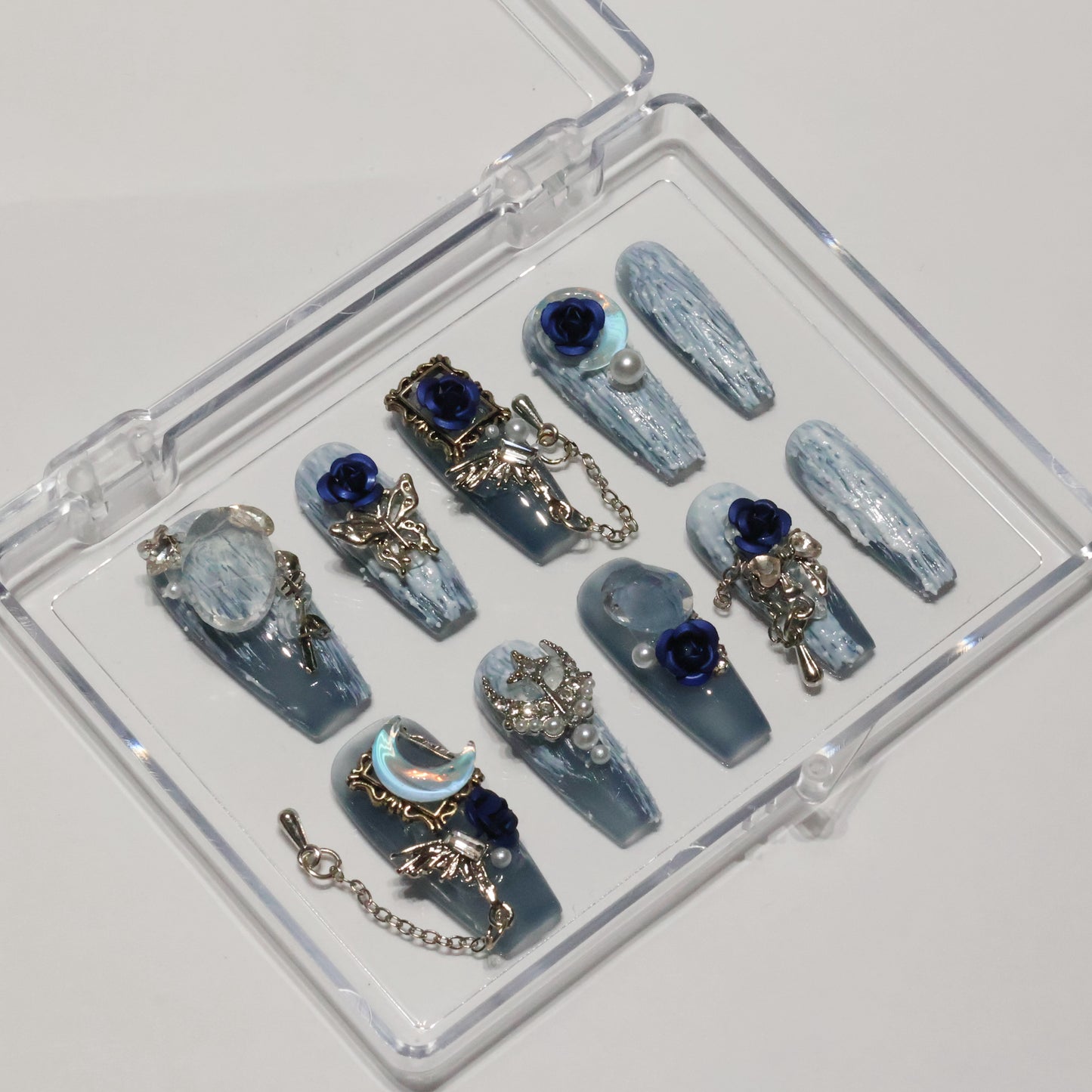 Blue Moon Luxury 3D Press-On Nails | Handmade Gothic Royal Charm Nail Set