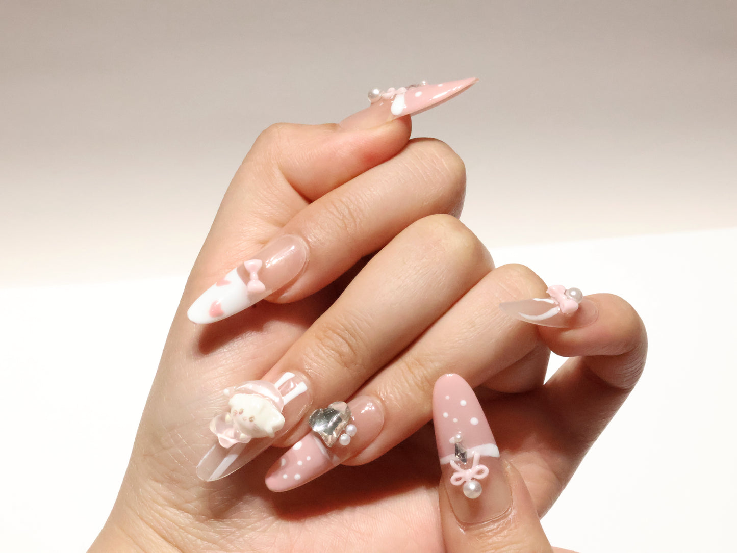 Pink Cute Character Press-On Nails | Handmade 3D Bow Pearl Fake Nails | Reusable Luxury Nail Set