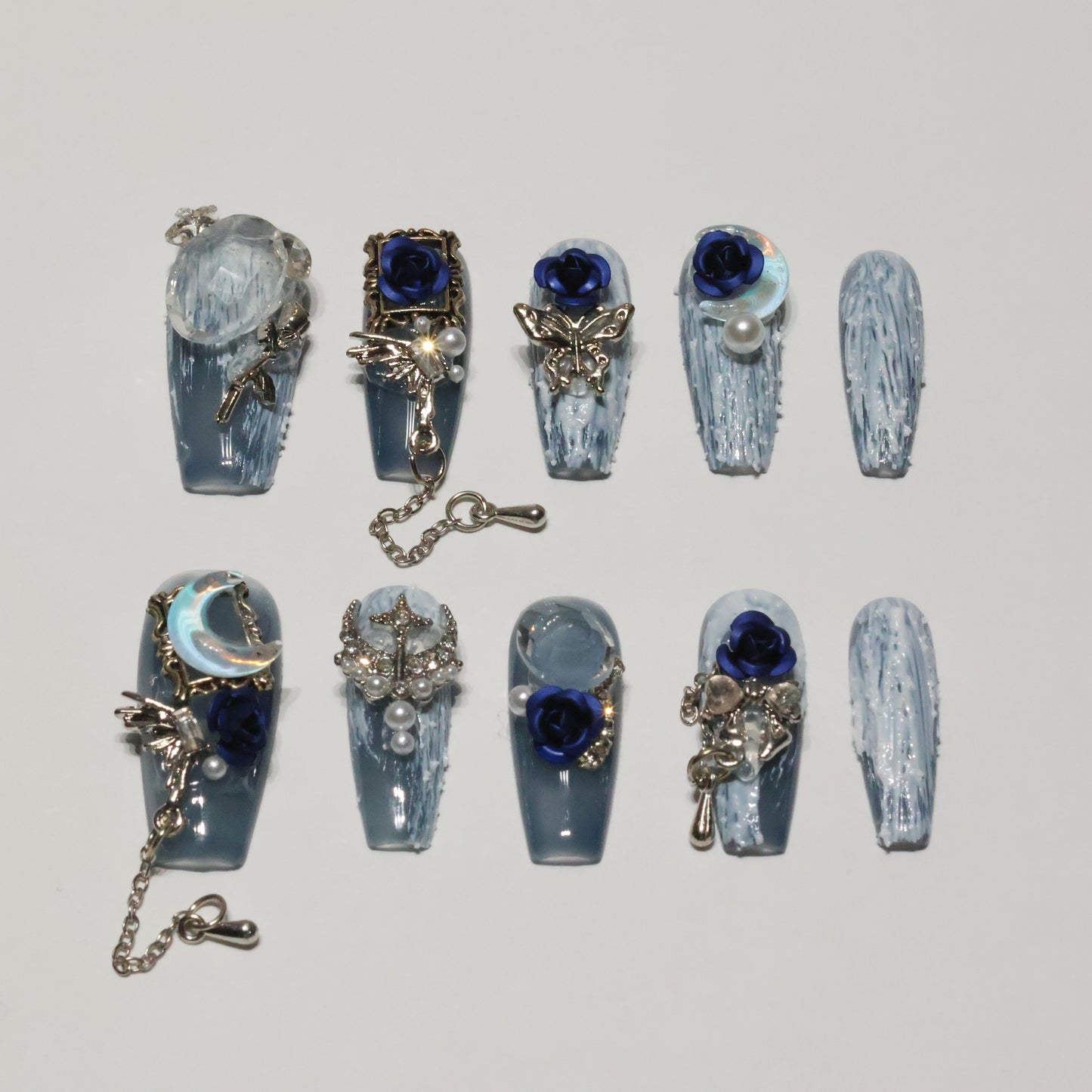 Blue Moon Luxury 3D Press-On Nails | Handmade Gothic Royal Charm Nail Set