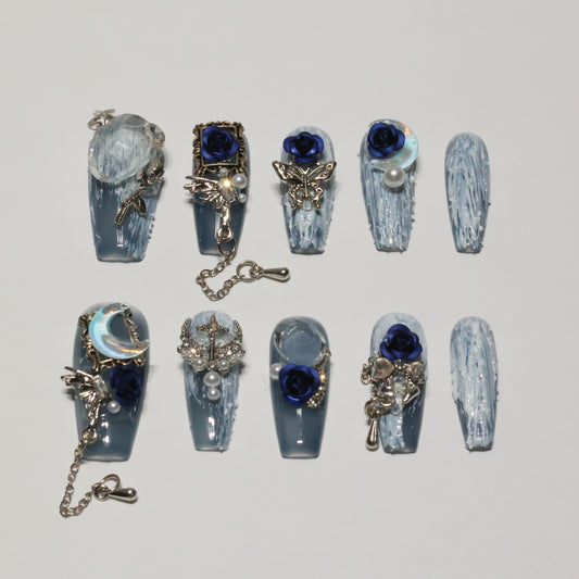 Blue Moon Luxury 3D Press-On Nails | Handmade Gothic Royal Charm Nail Set