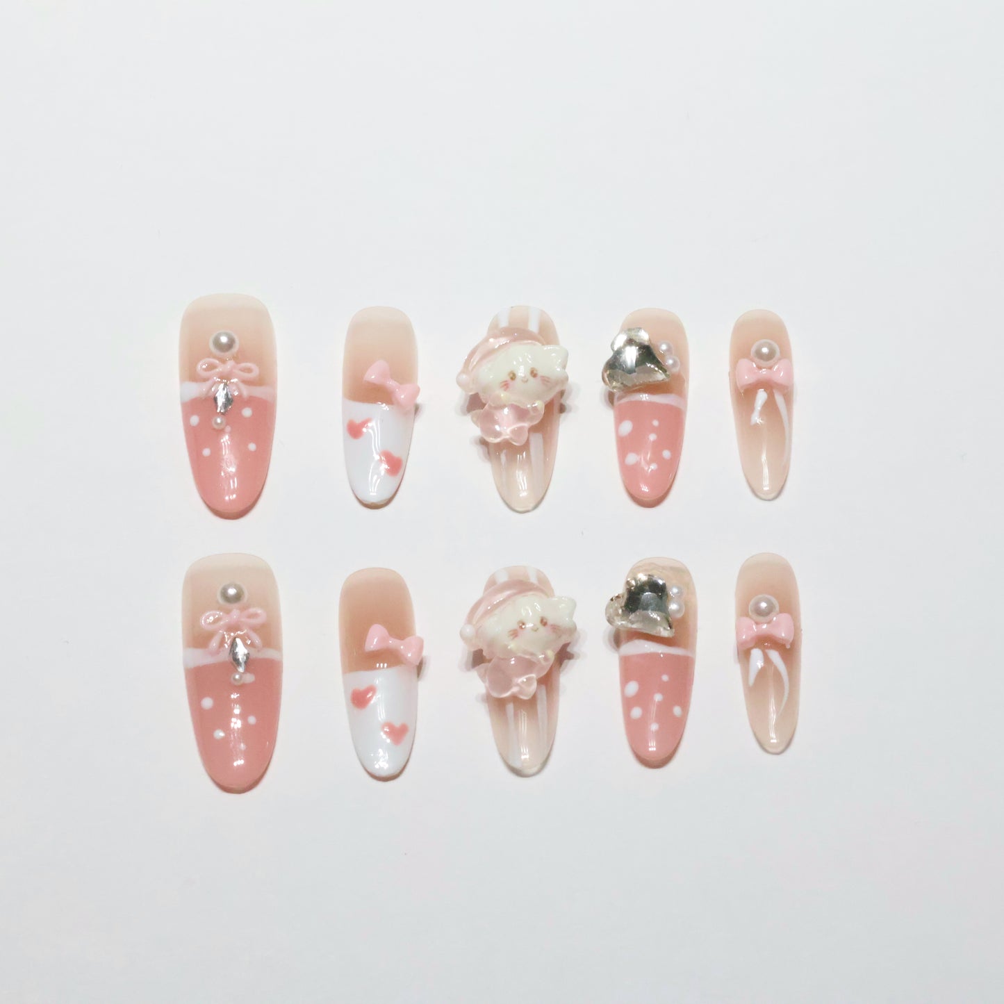 Pink Cute Character Press-On Nails | Handmade 3D Bow Pearl Fake Nails | Reusable Luxury Nail Set