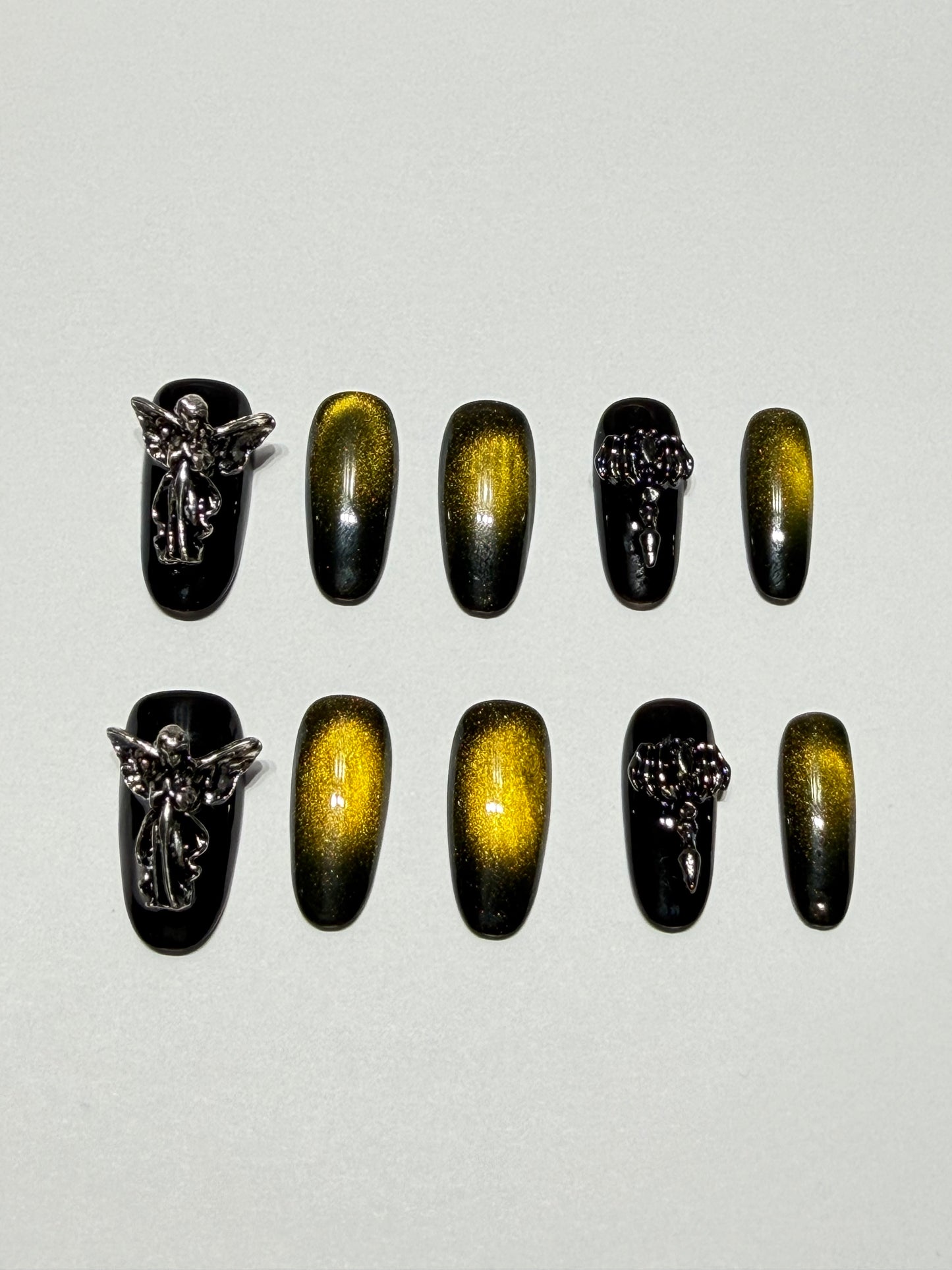 Black Gold Cat Eye Press-On Nails | Handmade Gothic Metallic Fake Nails